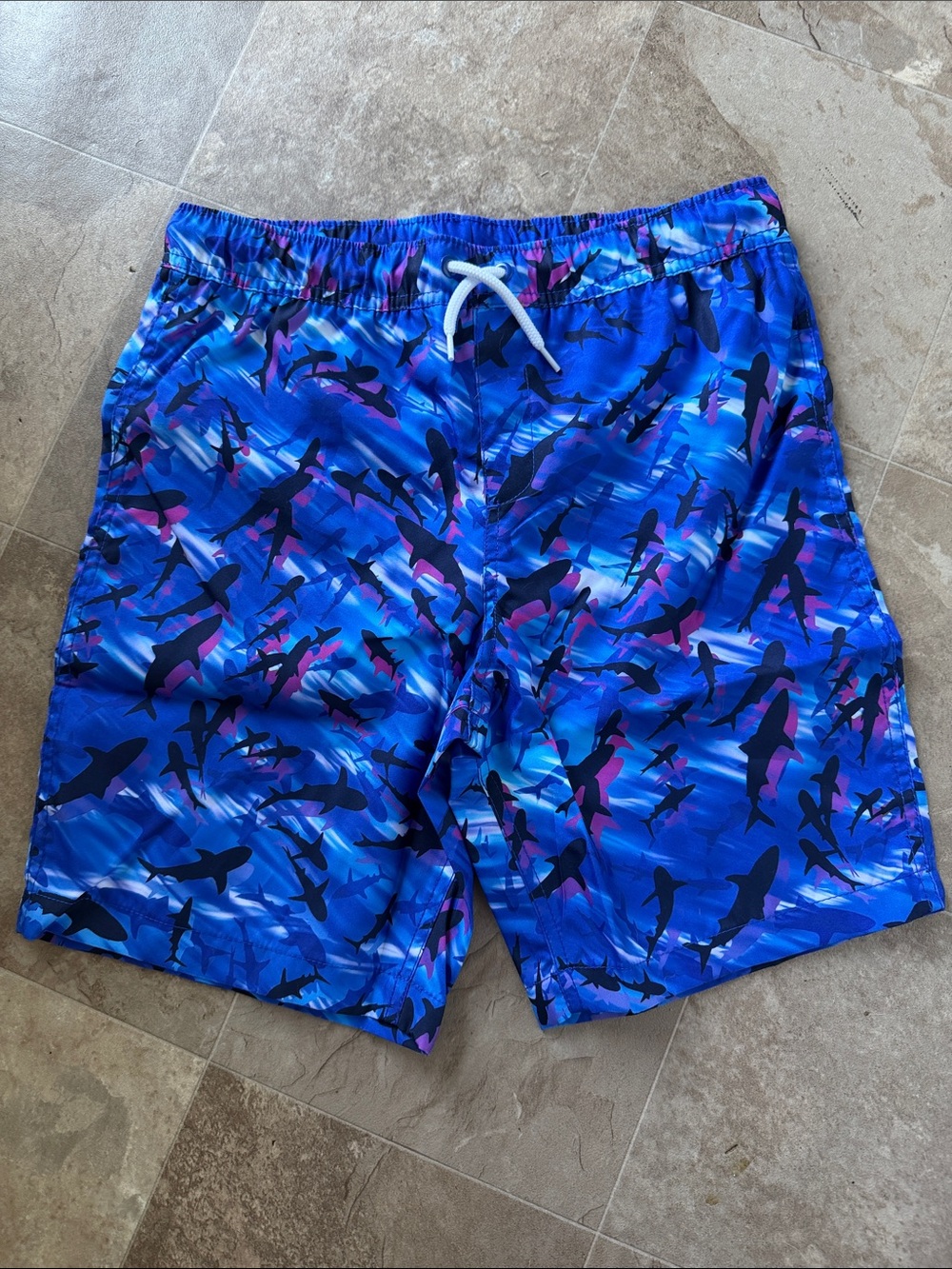 NWOT Lands' End Blue Shark-Pattern Swim Trunks Boys Large